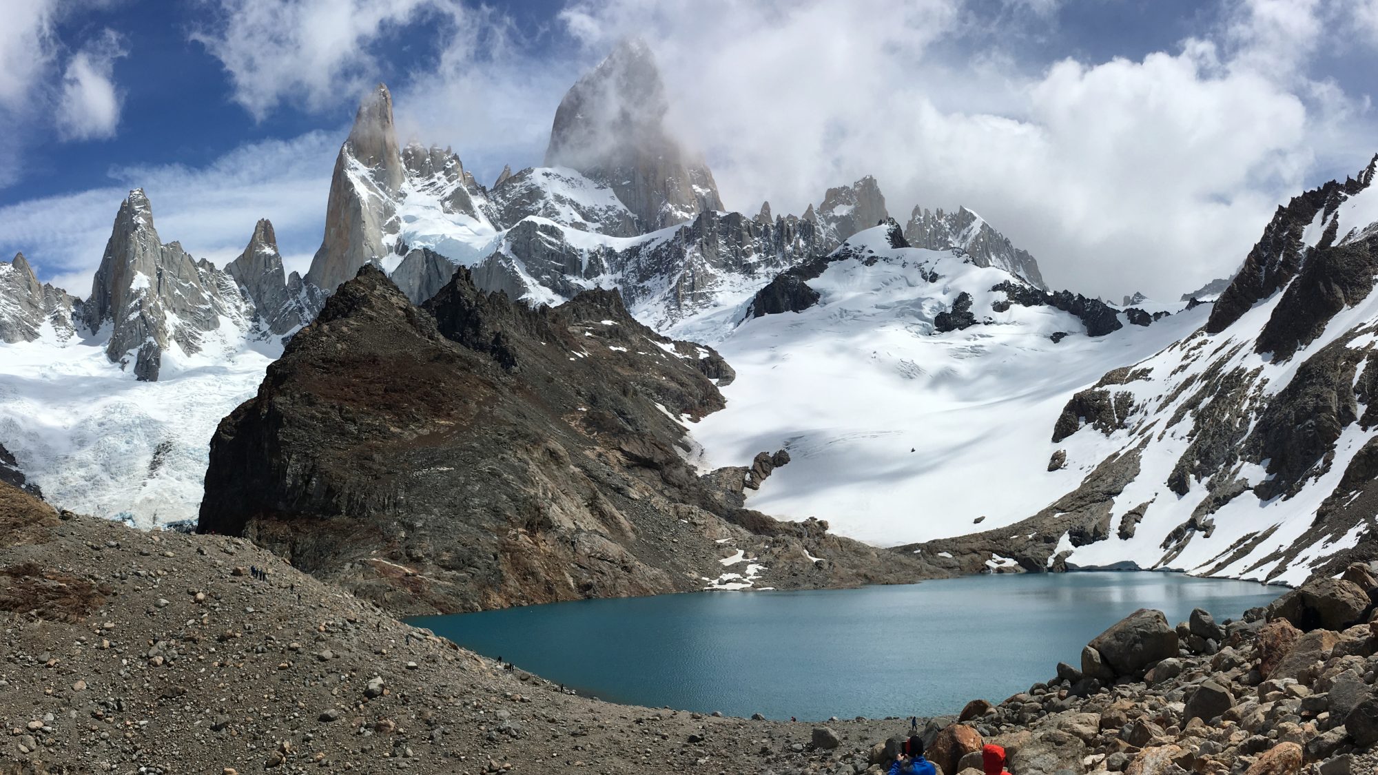 Fitz Roy massif and its glacier basin above a turquoise alpine tarn near Laguna de los Tres, Los Glaciares National Park, Patagonia, Argentina