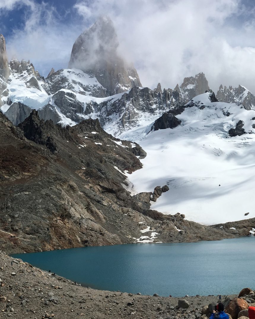 Fitz Roy massif and its glacier basin above a turquoise alpine tarn near Laguna de los Tres, Los Glaciares National Park, Patagonia, Argentina