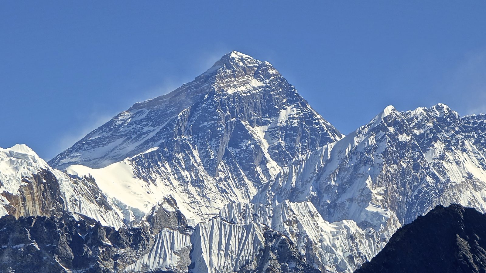 Mount Everest's summit with wind plume rising above the Khumbu ridgeline, viewed from Gokyo Ri, Sagarmatha National Park, Nepal