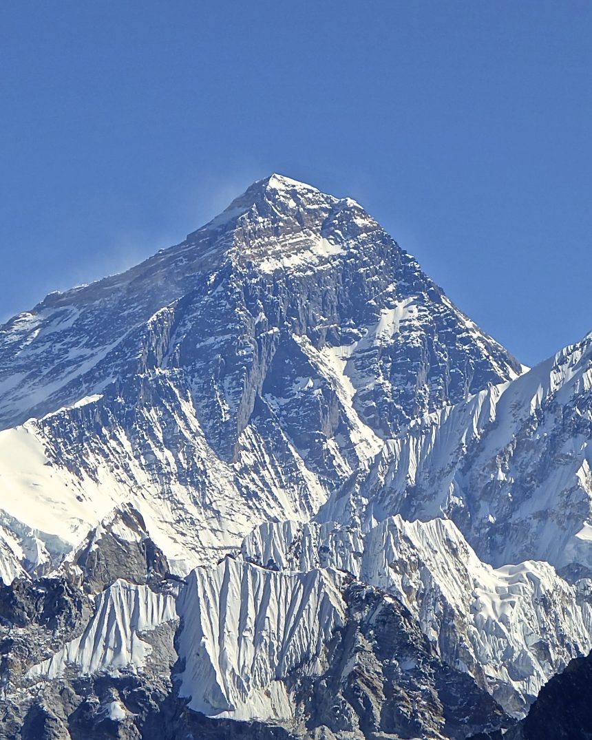 Mount Everest's summit with wind plume rising above the Khumbu ridgeline, viewed from Gokyo Ri, Sagarmatha National Park, Nepal