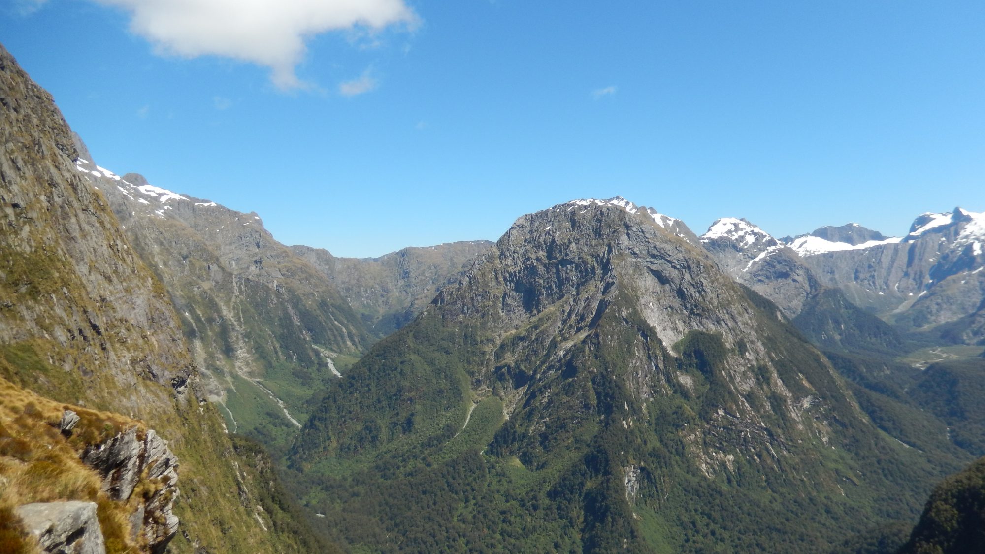 View from Mackinnon Pass over the forested Clinton Valley on the Milford Track, Fiordland National Park, New Zealand