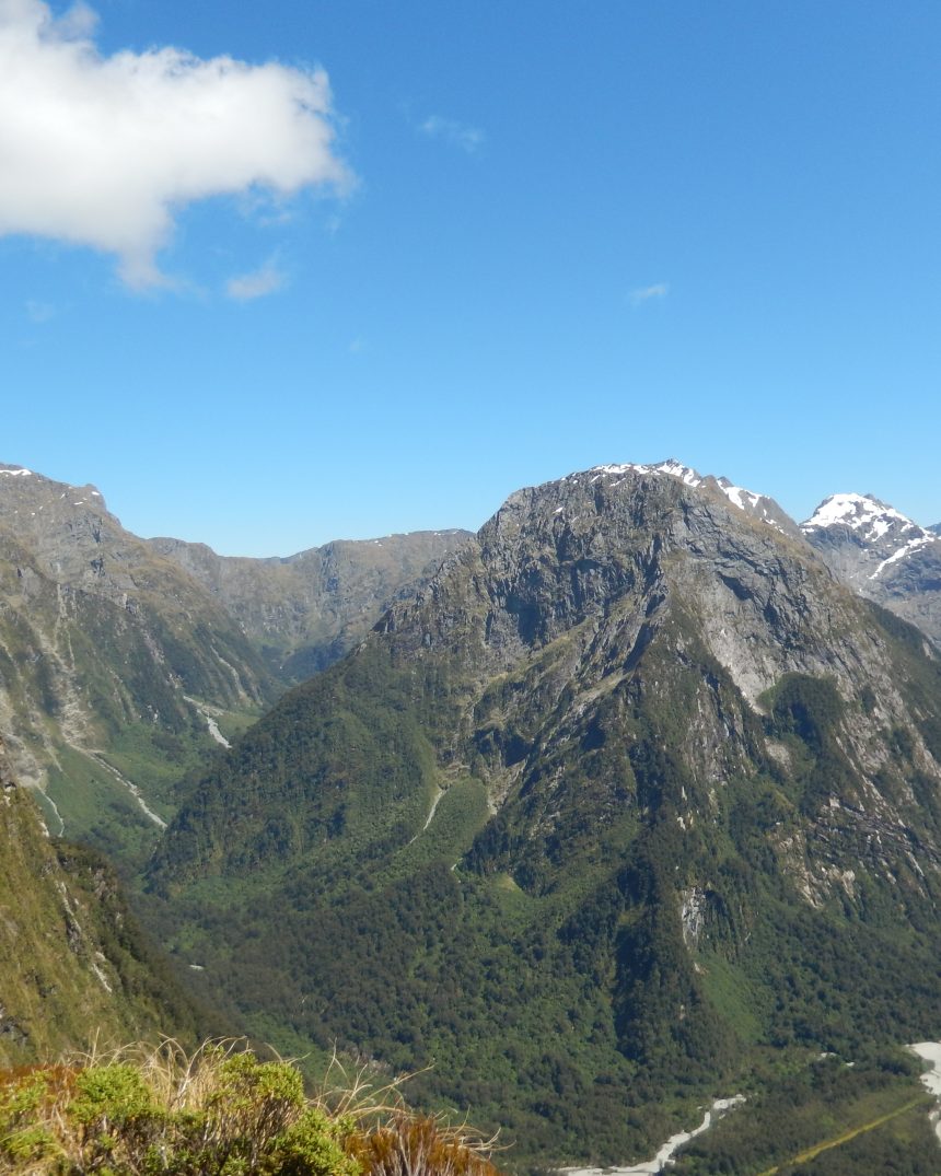 View from Mackinnon Pass over the forested Clinton Valley on the Milford Track, Fiordland National Park, New Zealand