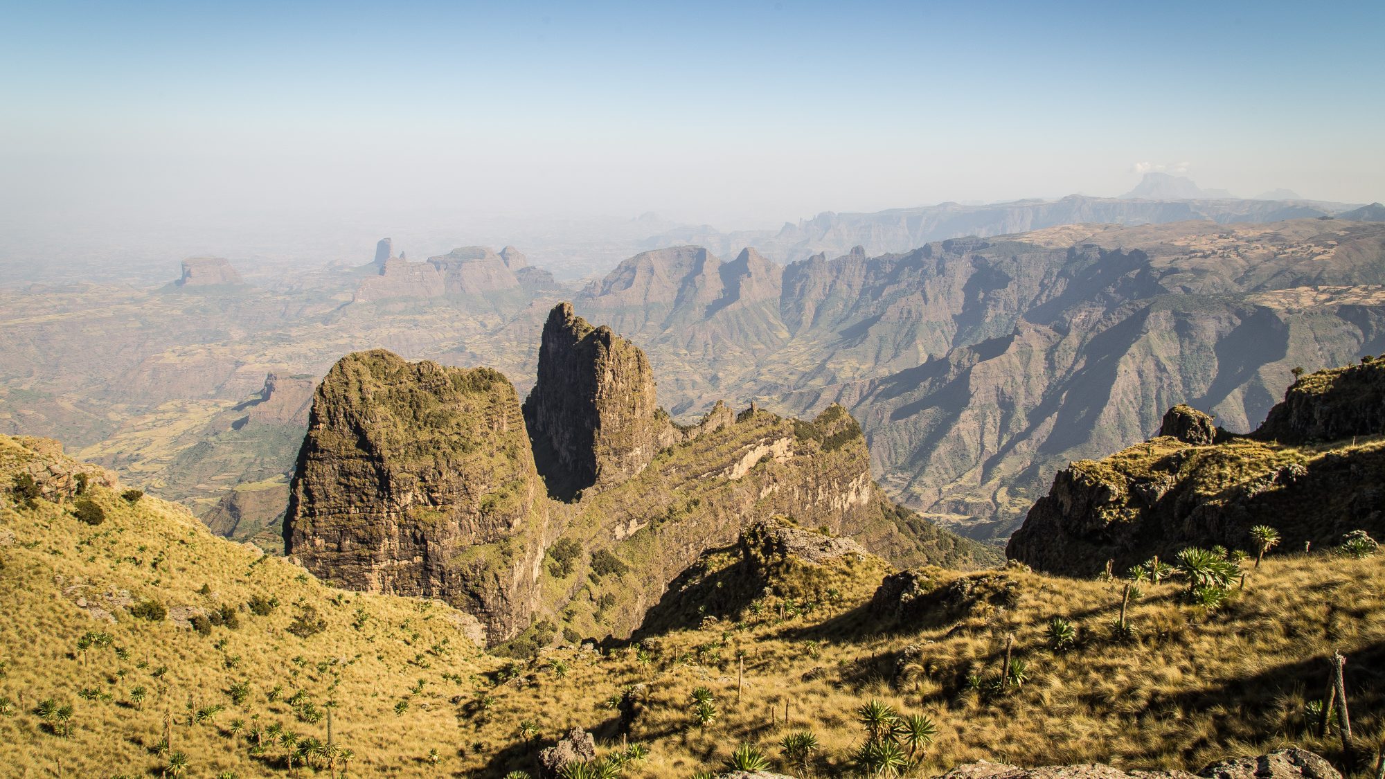 Dramatic volcanic rock pinnacles and escarpment cliffs of the Simien Mountains high plateau, Ethiopia