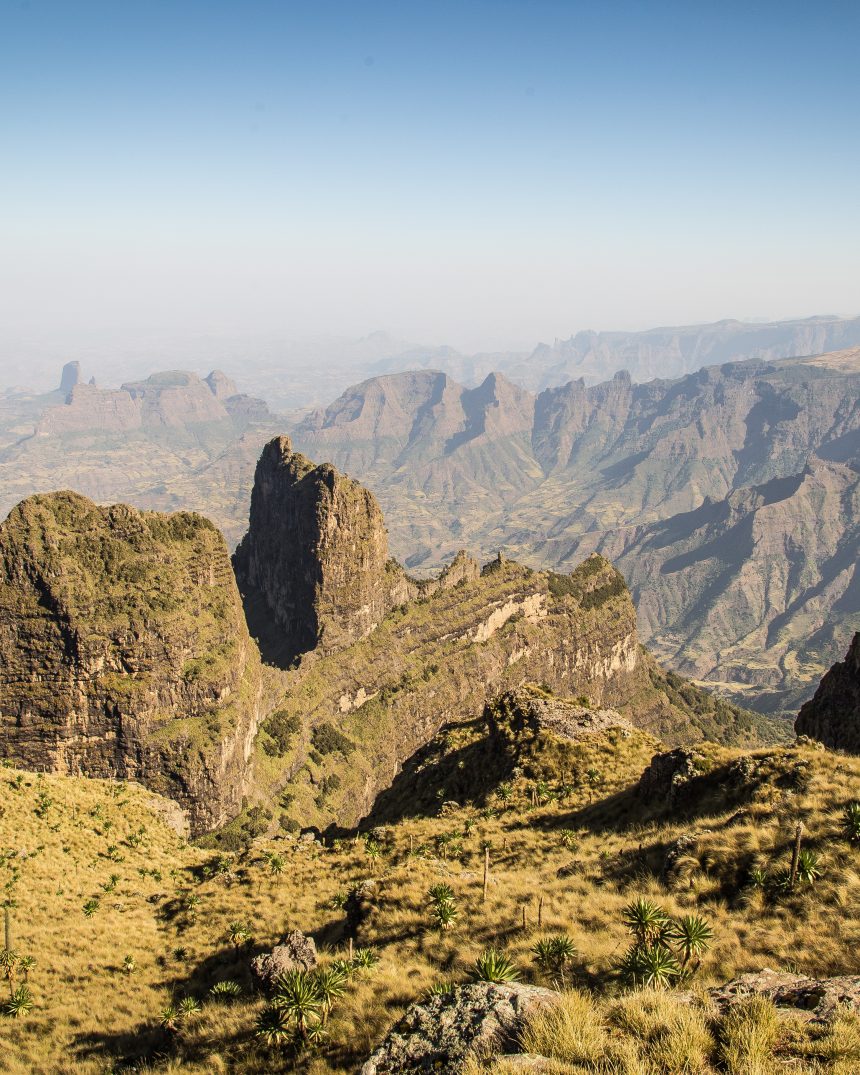 Dramatic volcanic rock pinnacles and escarpment cliffs of the Simien Mountains high plateau, Ethiopia