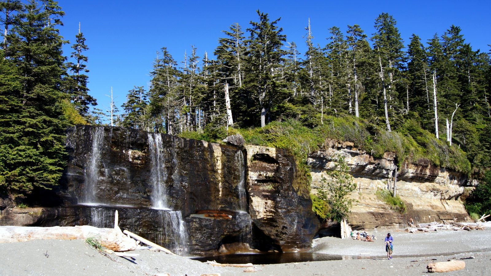 Tsusiat Falls cascading onto the sandy beach below temperate rainforest cliffs on the West Coast Trail, Vancouver Island, Canada